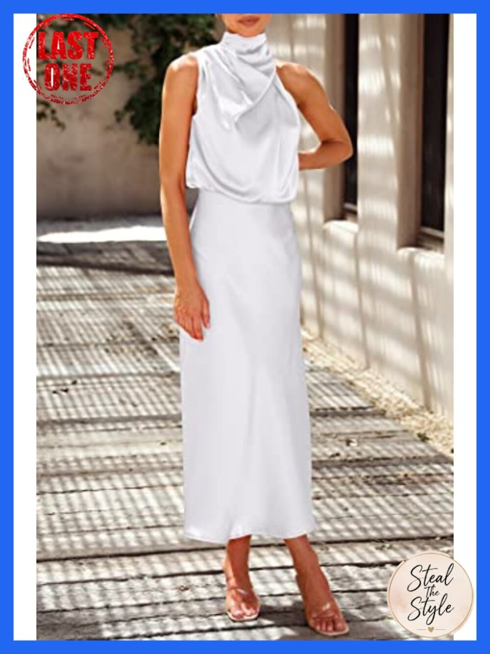 Satin Sleeveless Mock Neck Maxi Dress Fit and Flare Formal Elegant - Picture 5 of 6